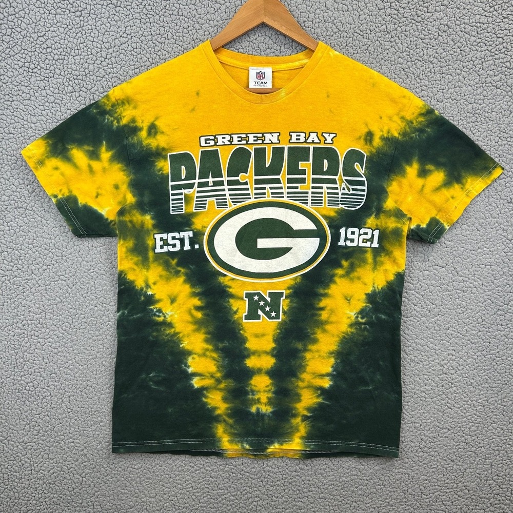 Vtg‎ NFL Team Apparel Men's L Green Yellow Tie-Dye Packers Logo Cotton T-Shirt